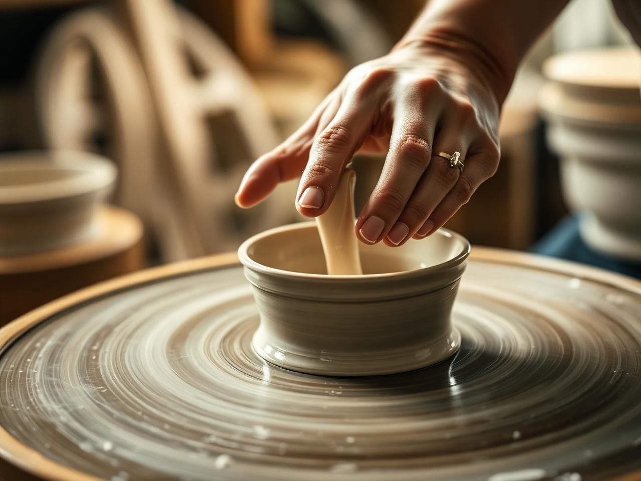 Hands throwing porcelain on the wheel