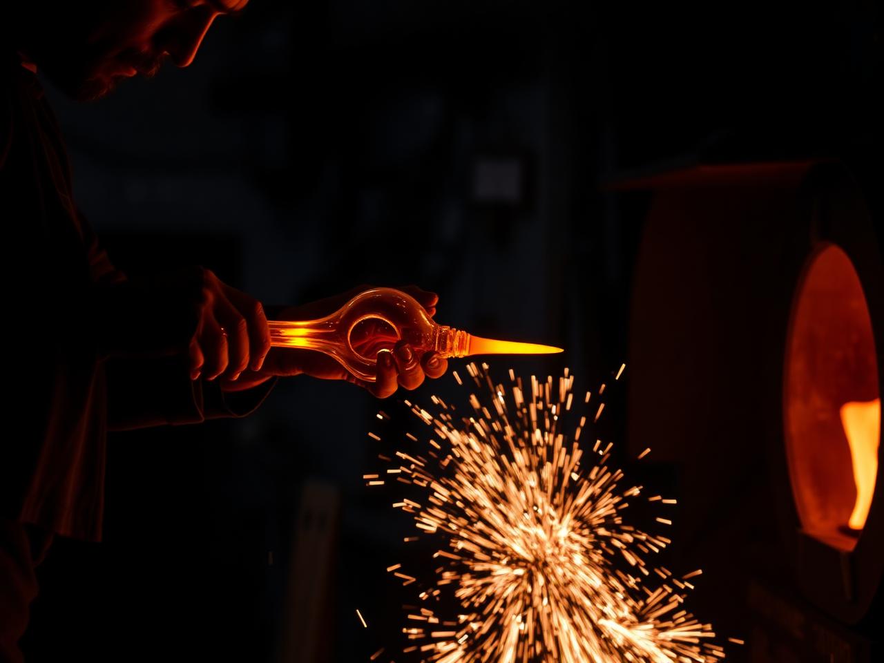Master glassblower shaping molten glass at the furnace