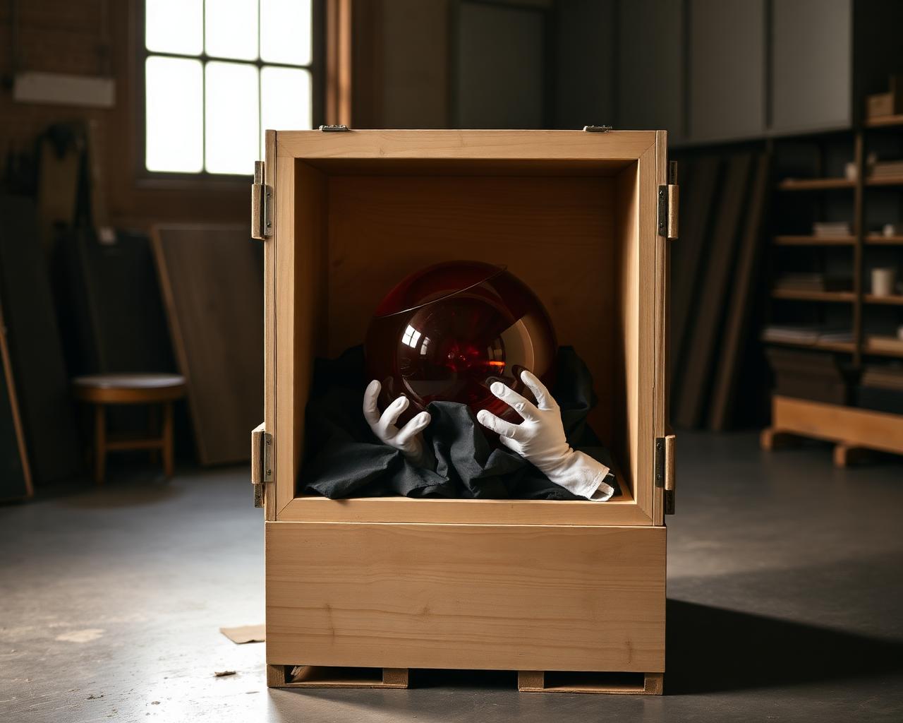 Museum-grade crate open in the atelier with a hand-blown glass sphere inside