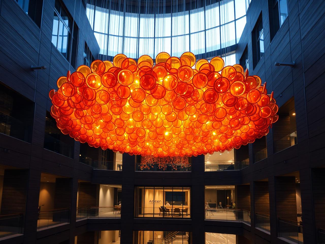 Suspended field of glowing glass discs in a corporate atrium