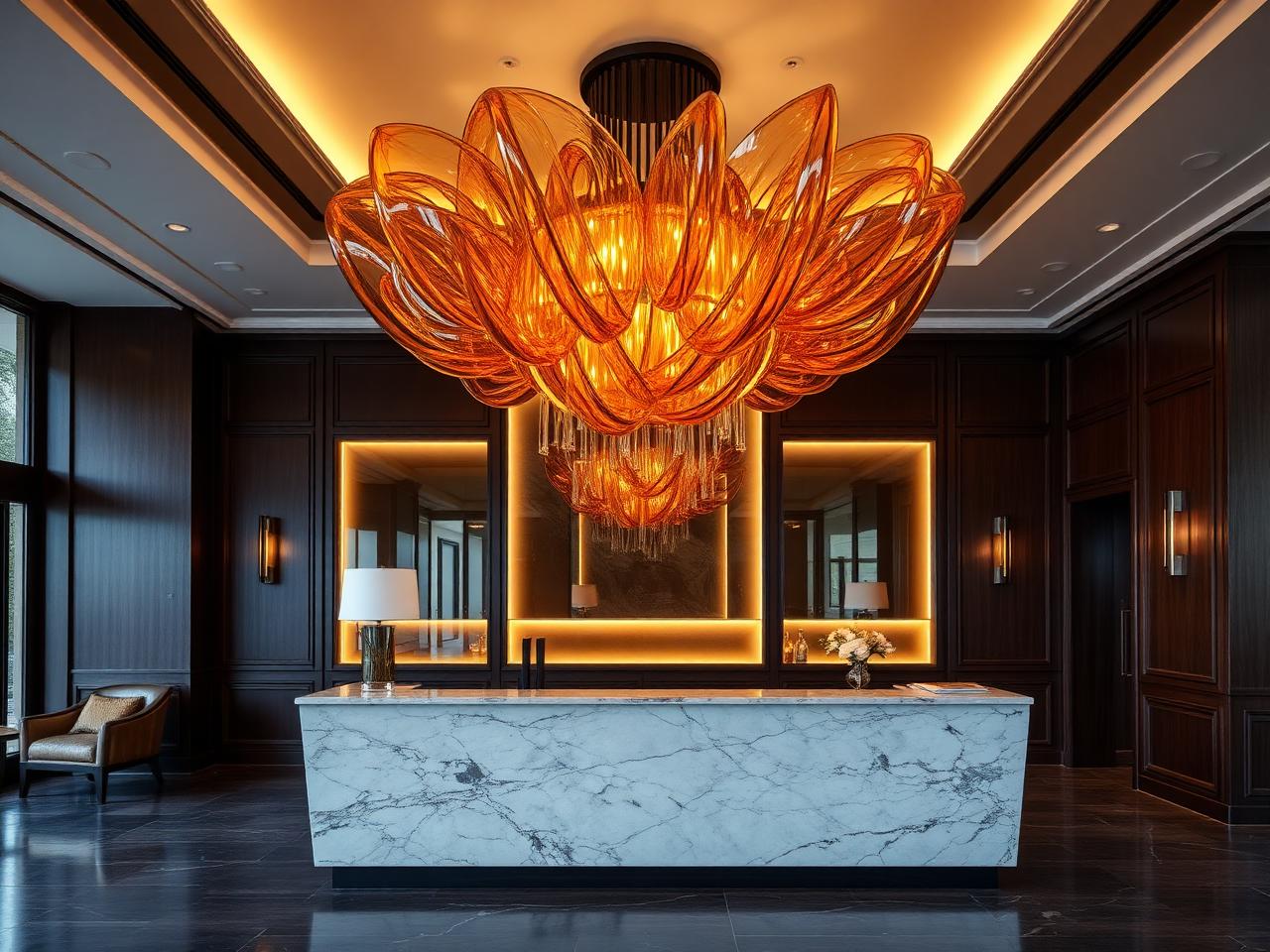 Sculptural amber glass installation above a marble hotel reception