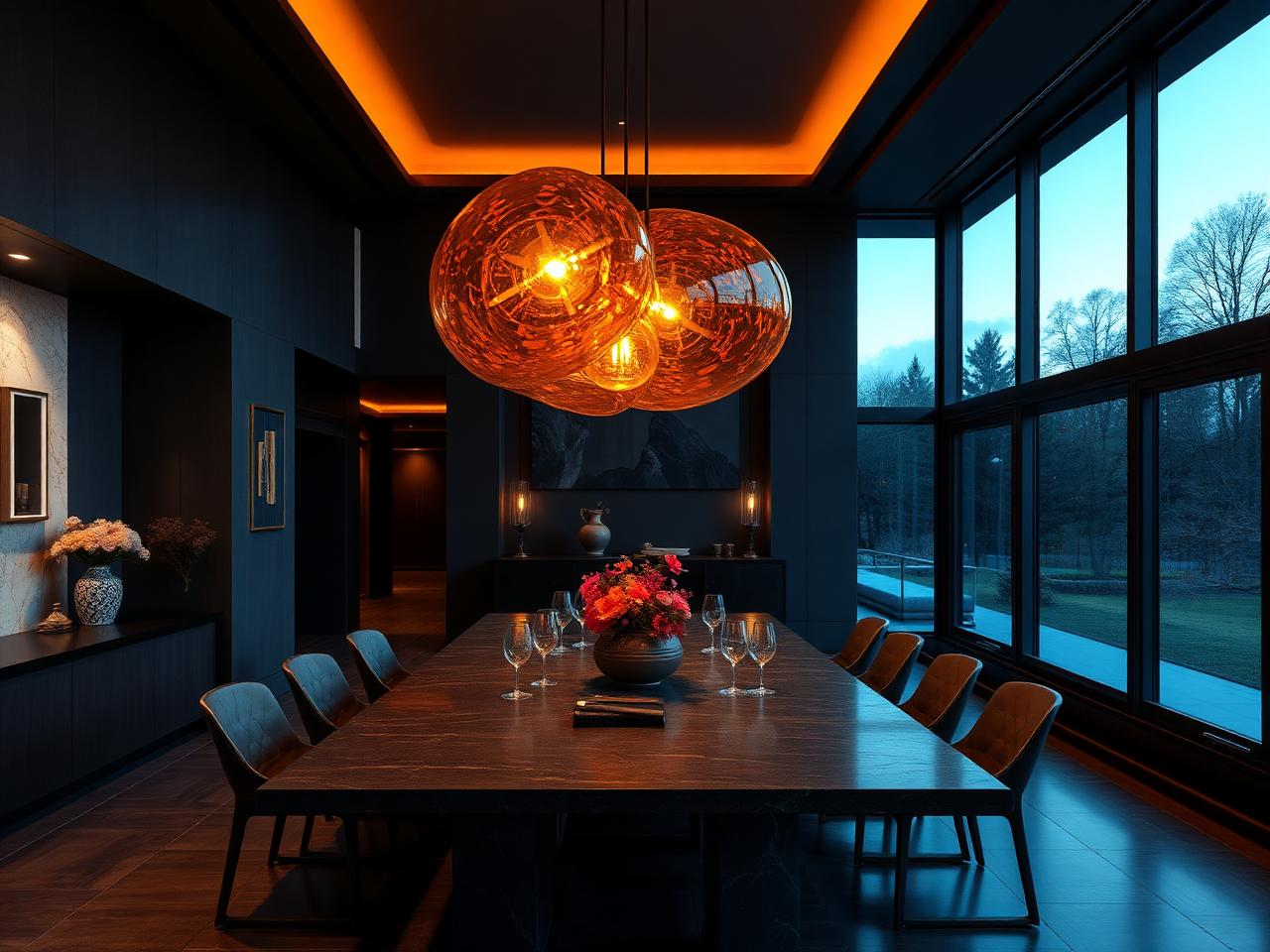 Hand-blown glass chandeliers above a dark dining table at dusk