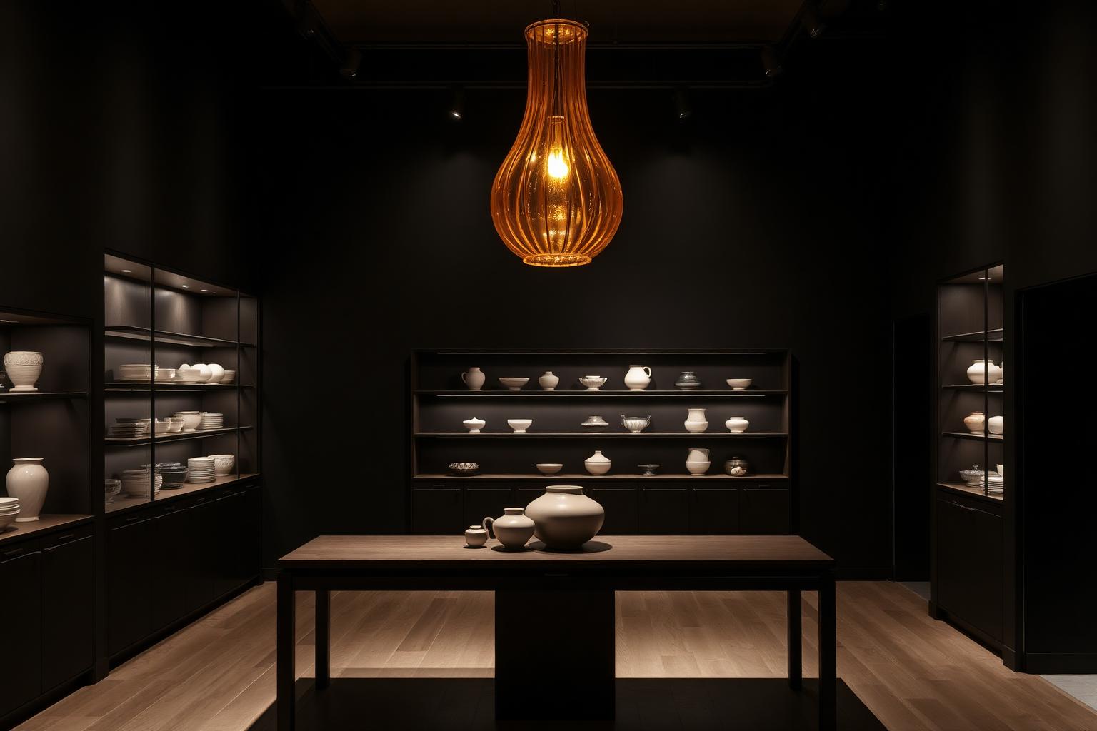 The Oakvera showroom in Milan — a glowing chandelier above a dark oak table of porcelain vessels